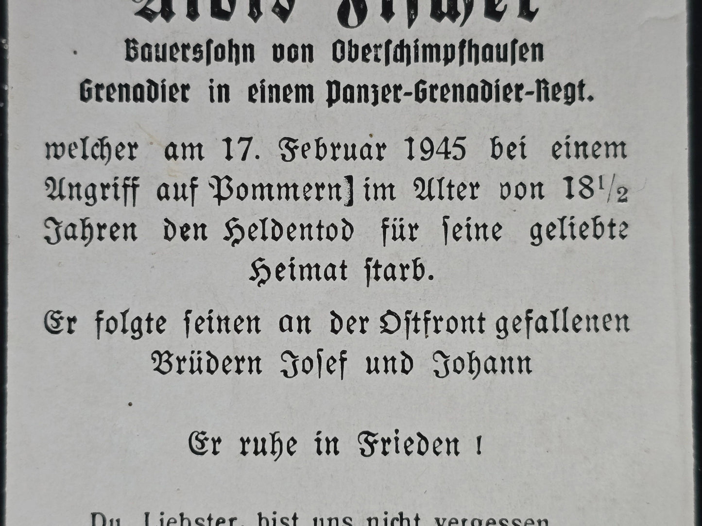 Sterbebild Grenadier Schimpfhausen Panzer-Grenadier Regt. Endkampf Buchholz Pommern