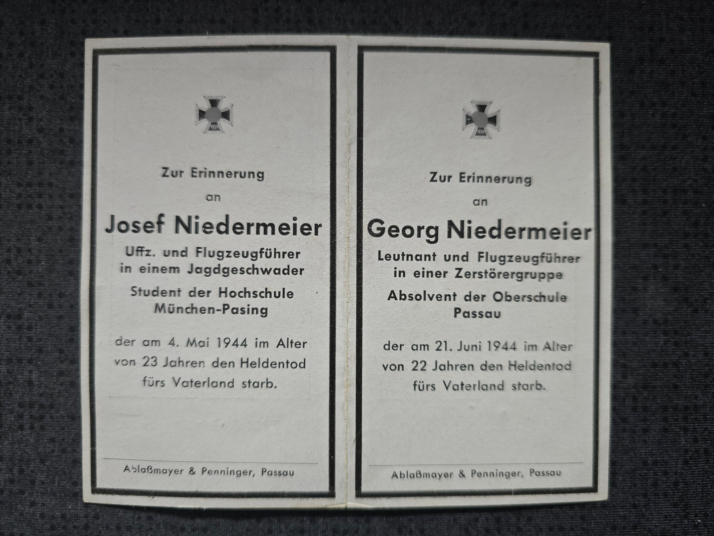 Sterbebild Brüder Limbach Pilot 10./JG-301 Campina Rumänien Leutnant Pilot Zerstörergeschwader Luckau
