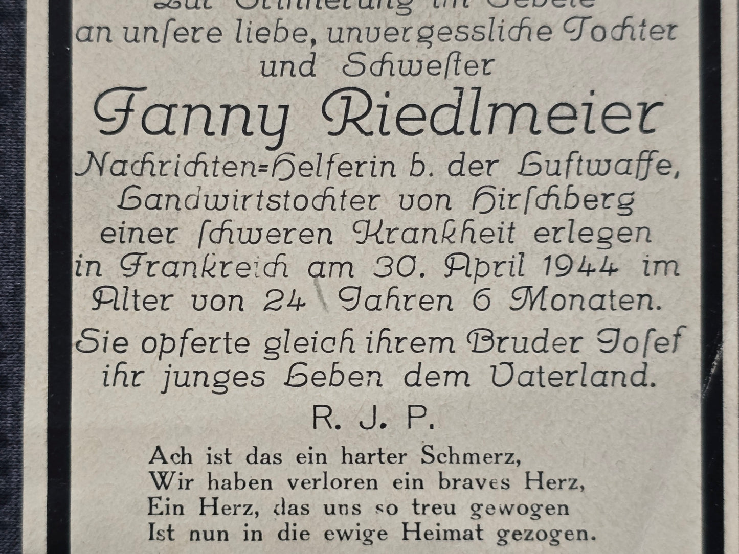 Sterbebild Nachrichten-Helferin Luftwaffe Frankreich