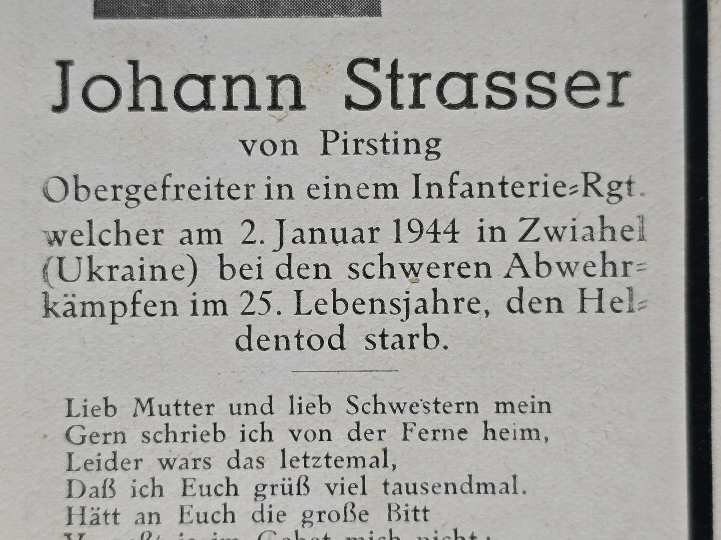 Sterbebild Obergefreiter Simbach 2. Komp. Res. Gren. Btl. 320 Zwiahel Ukraine