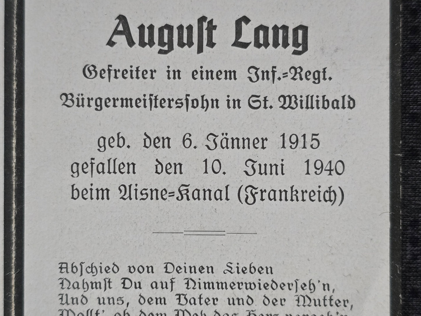 Sterbebild Gefreiter St. Willibald 9. Komp. Inf. Regt. 133 Evergnicourt Aisne Kanal Frankreich