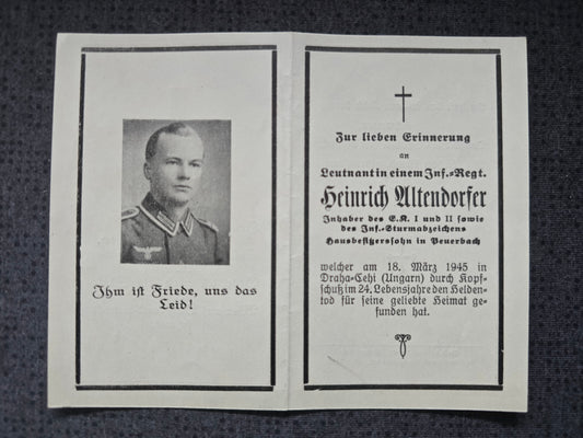 Sterbebild Leutnant Peuerbach Infanterie Regt. Endkampf Dravacsehi Siklos Ungarn