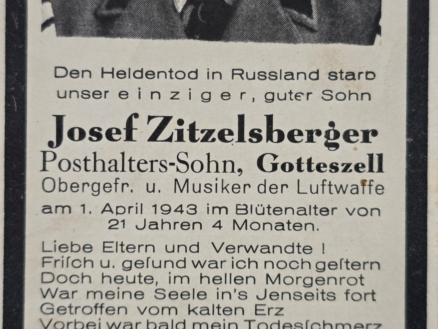 Sterbebild Obergefreiter Gotteszell Luftwaffe Feld.Laz. 9 Ropscha Russland