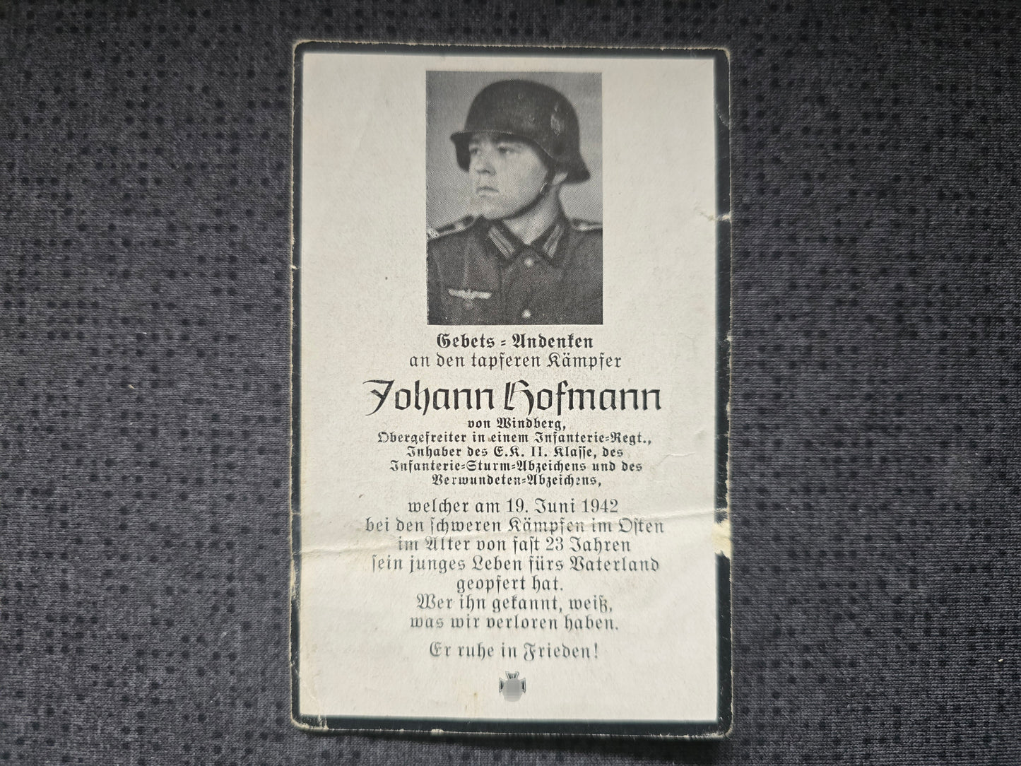 Sterbebild Obergefreiter Windberg Infanterie Regt. Cholm Russland