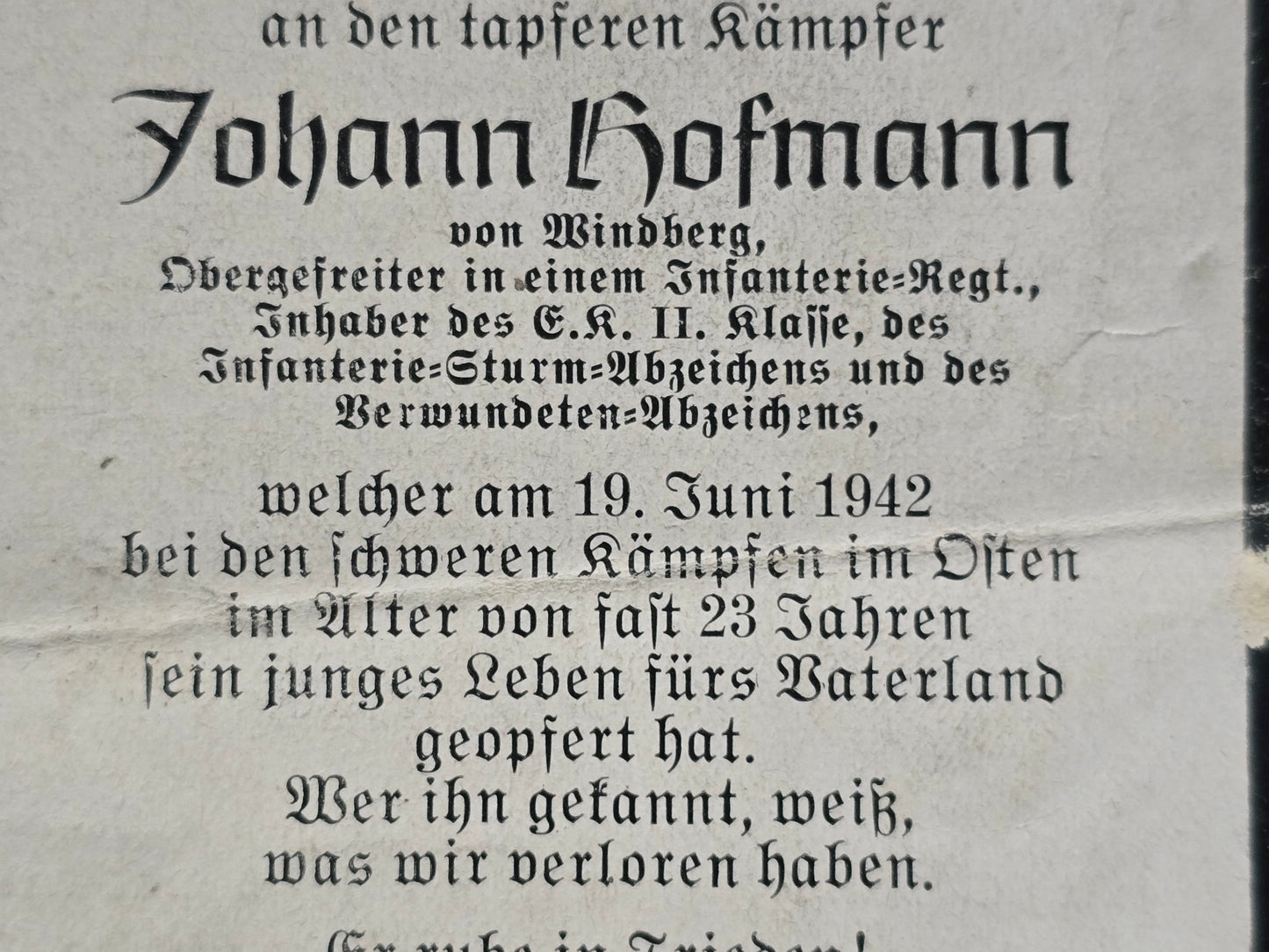Sterbebild Obergefreiter Windberg Infanterie Regt. Cholm Russland