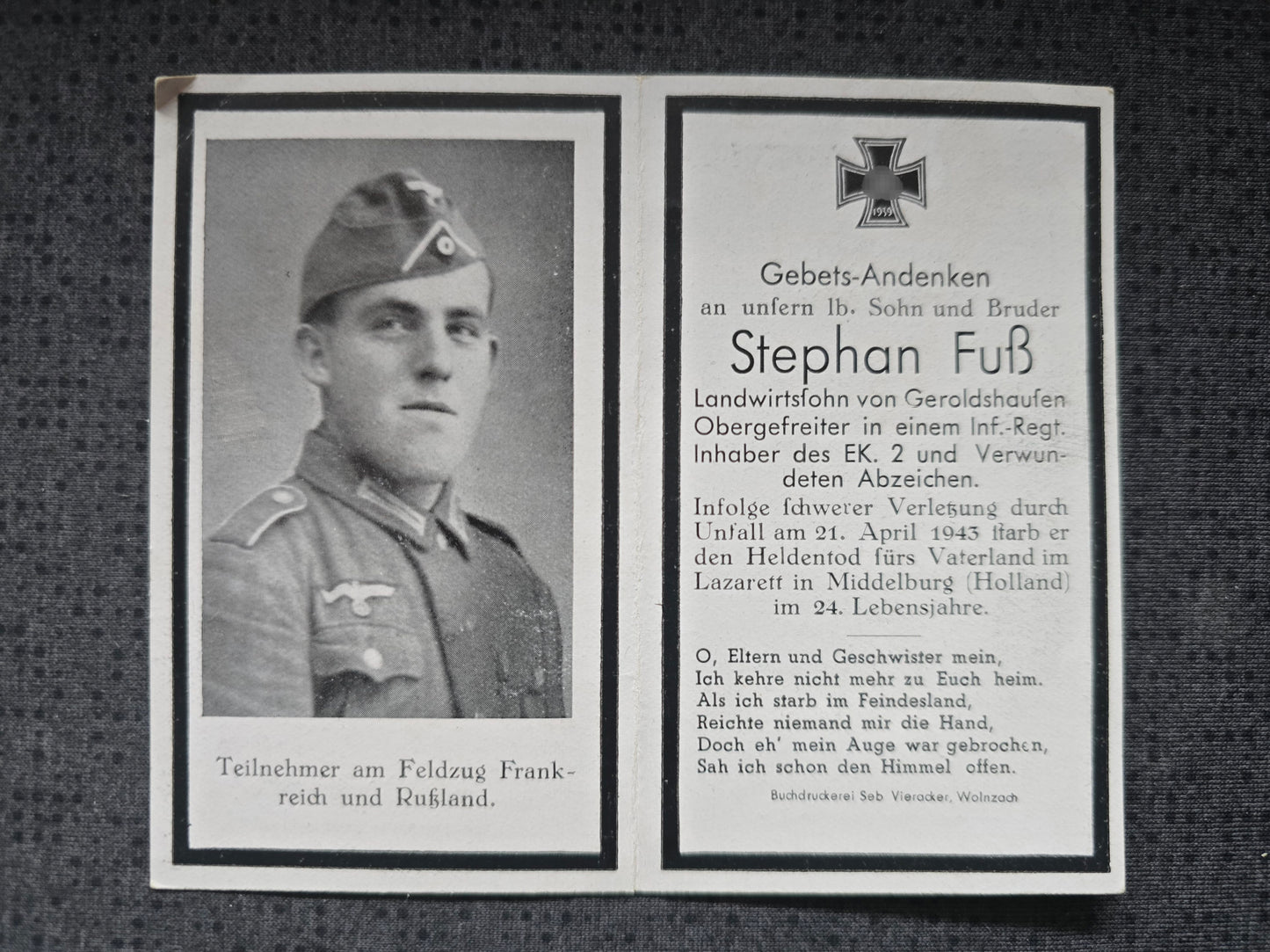 Sterbebild Obergefreiter Geroldshausen 11. Gren. Regt. 145 Middelburg Walcheren Holland