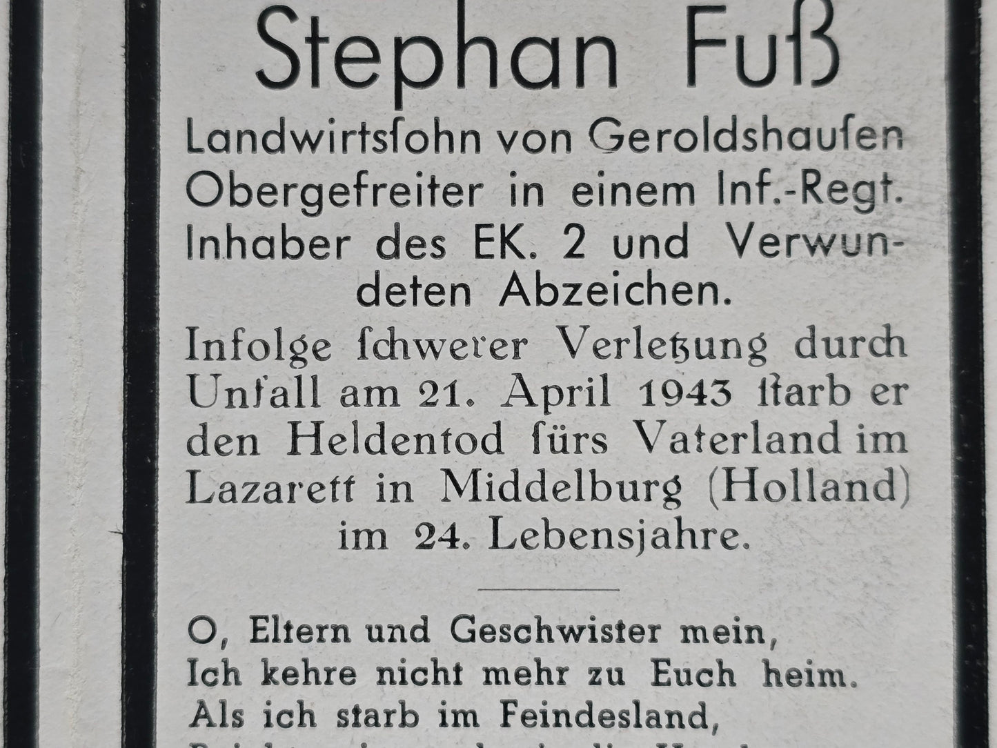 Sterbebild Obergefreiter Geroldshausen 11. Gren. Regt. 145 Middelburg Walcheren Holland