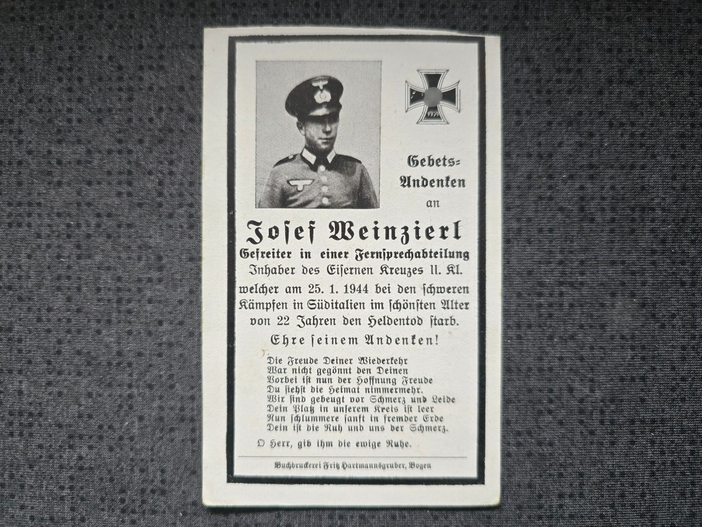 Sterbebild Gefreiter Welchenberg Stabsbatterie Art. Regt. 96 Terelle Cassino Italien