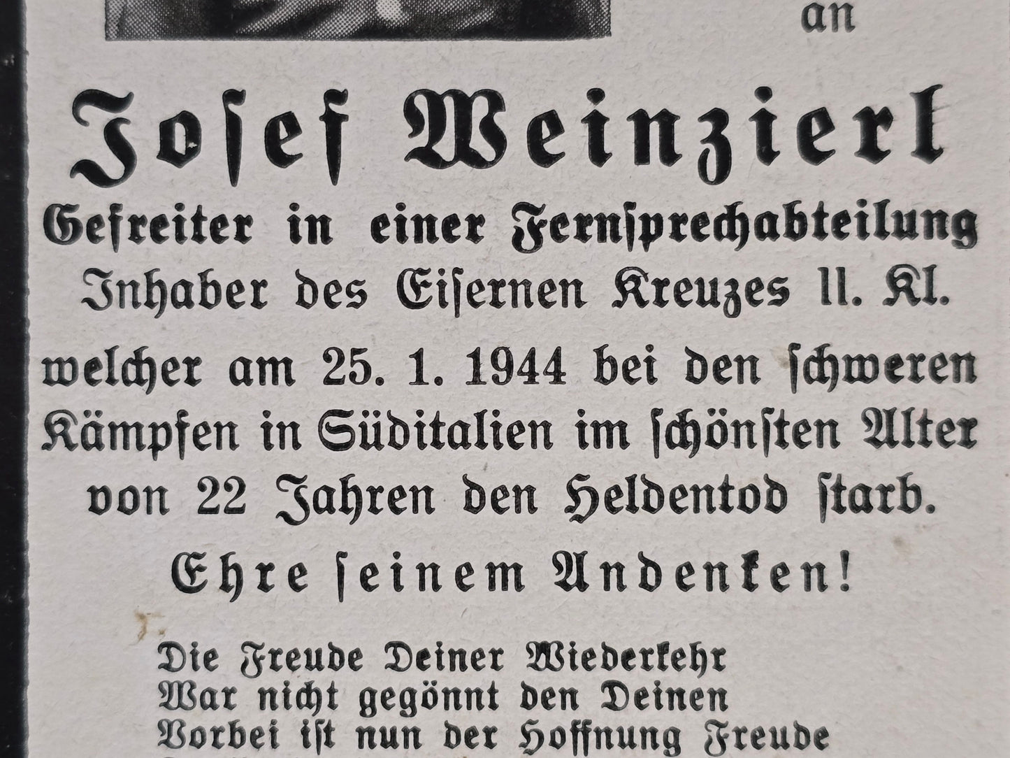 Sterbebild Gefreiter Welchenberg Stabsbatterie Art. Regt. 96 Terelle Cassino Italien