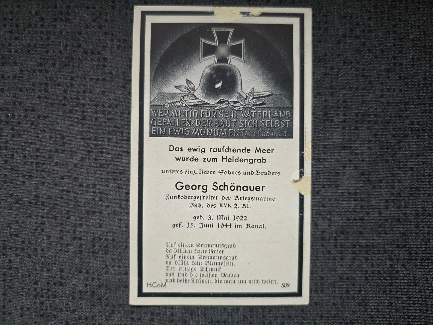 Sterbebild Funkobergefreiter München Kriegsmarine Kanal Boulogne Bourdon Frankreich