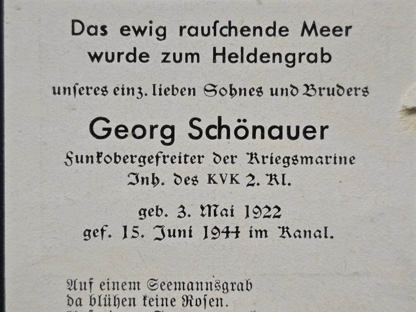 Sterbebild Funkobergefreiter München Kriegsmarine Kanal Boulogne Bourdon Frankreich