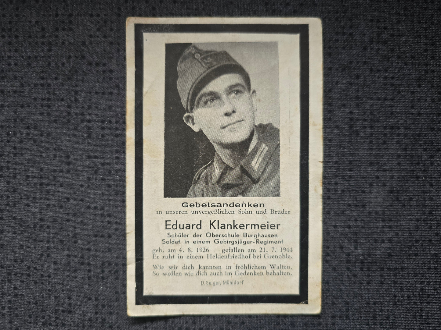 Sterbebild Jäger Marklkofen 3. Res. Geb. Jäger Btl. 98 Pas-de-Ville Grenoble Frankreich