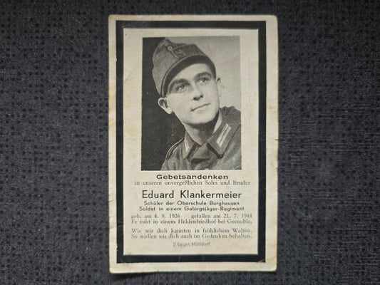 Sterbebild Jäger Marklkofen 3. Res. Geb. Jäger Btl. 98 Pas-de-Ville Grenoble Frankreich