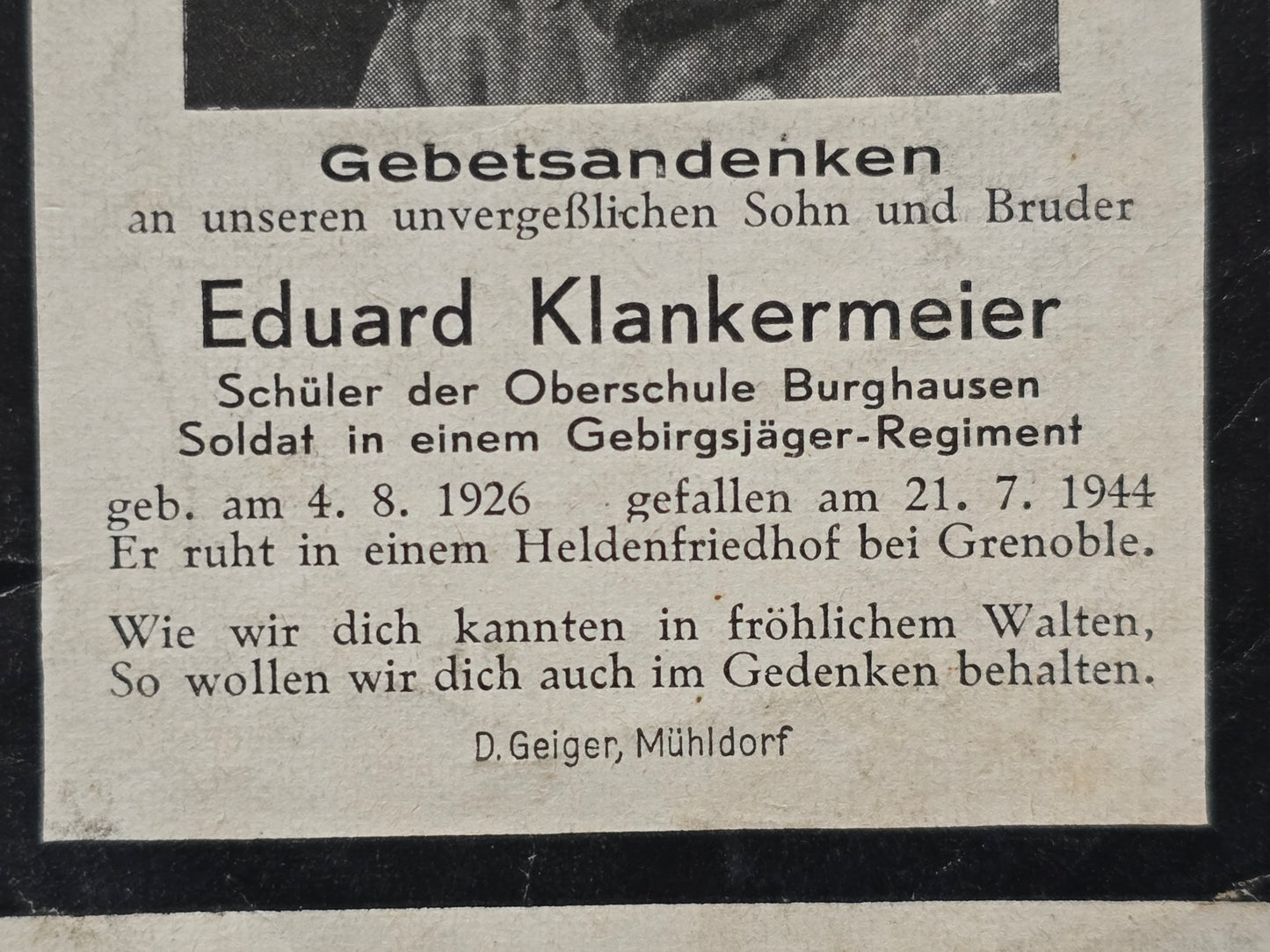 Sterbebild Jäger Marklkofen 3. Res. Geb. Jäger Btl. 98 Pas-de-Ville Grenoble Frankreich