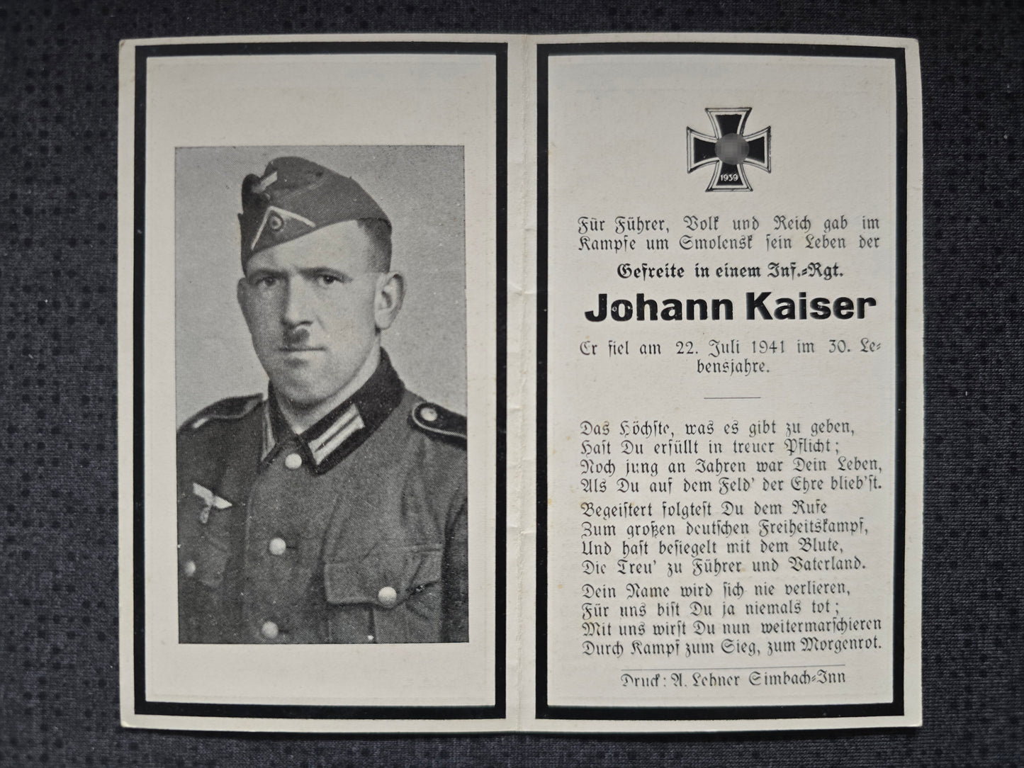 Sterbebild Gefreiter Kirchdorf 7. Komp. Schützen Regt. 63 Osten