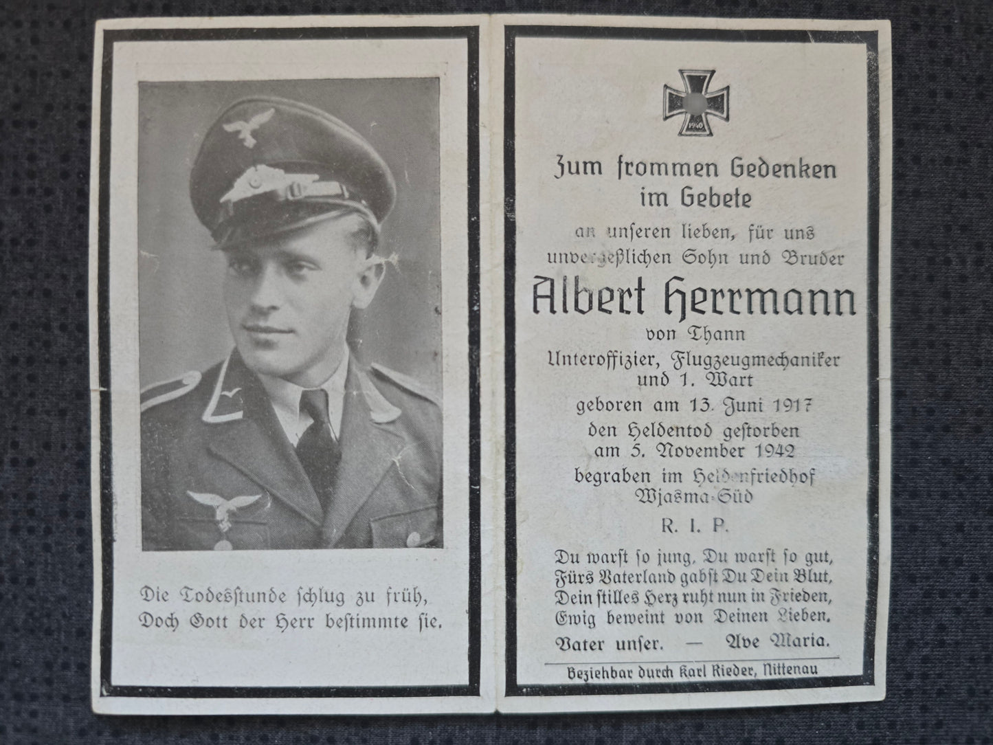 Sterbebild Unteroffizier Thann Mechaniker 7./ Stukageschwader 2 "Immelmann" Wjasma Russland