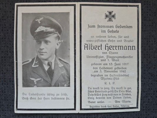 Sterbebild Unteroffizier Thann Mechaniker 7./ Stukageschwader 2 "Immelmann" Wjasma Russland