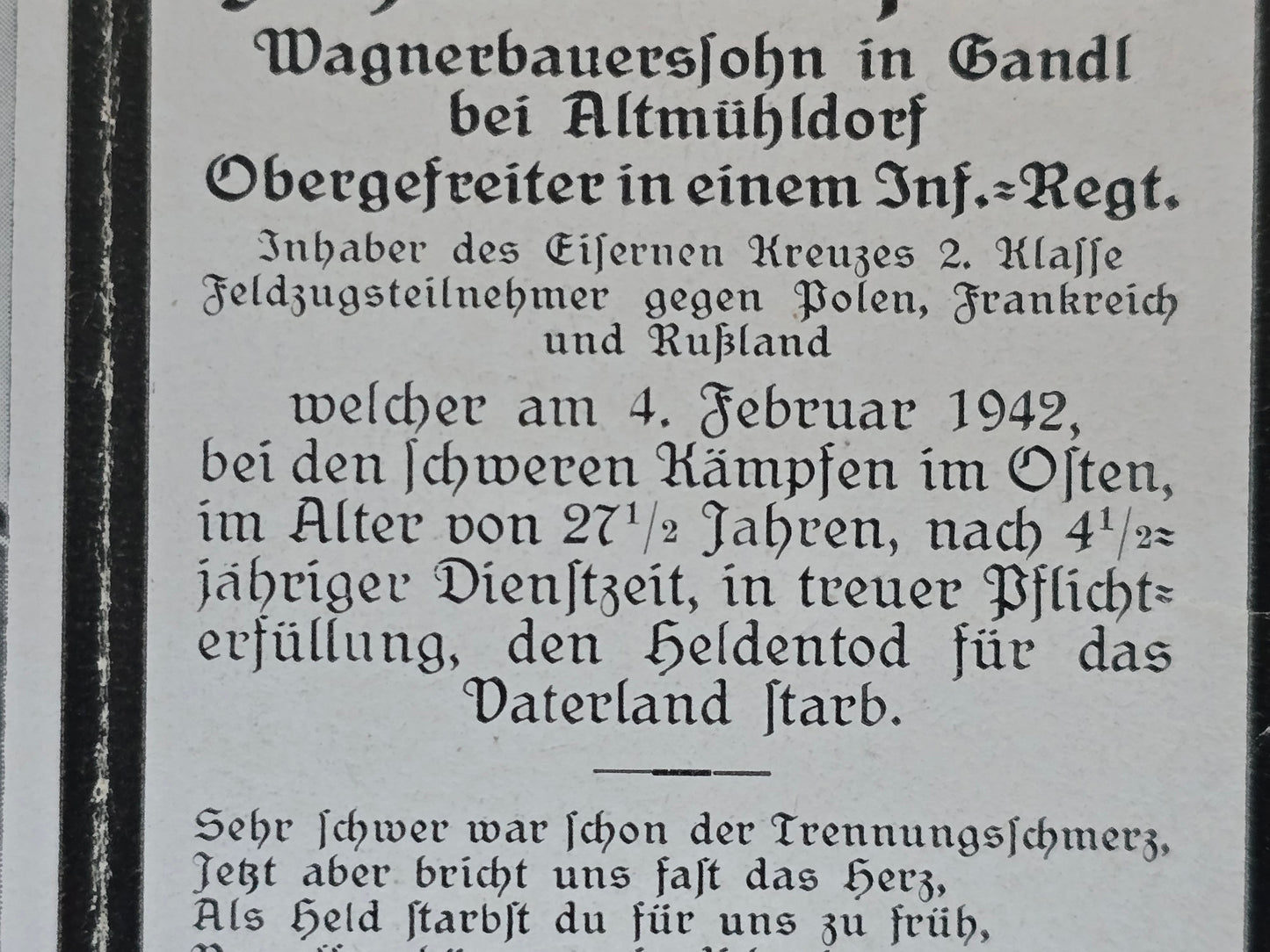 Sterbebild Obergefreiter Alt-Mühldorf 13. Komp. Inf. Regt. 179 "Gefechtsgruppe Koch" Bereka Ukraine