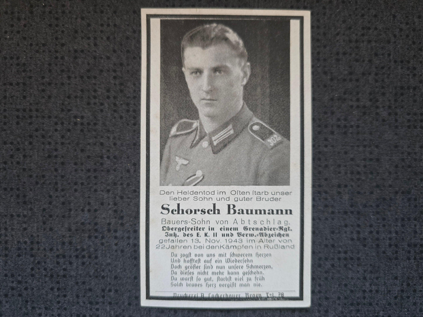 Sterbebild Obergefreiter Abtschlag 5. Komp. Inf. Regt. 519 Chlobin Weissrussland