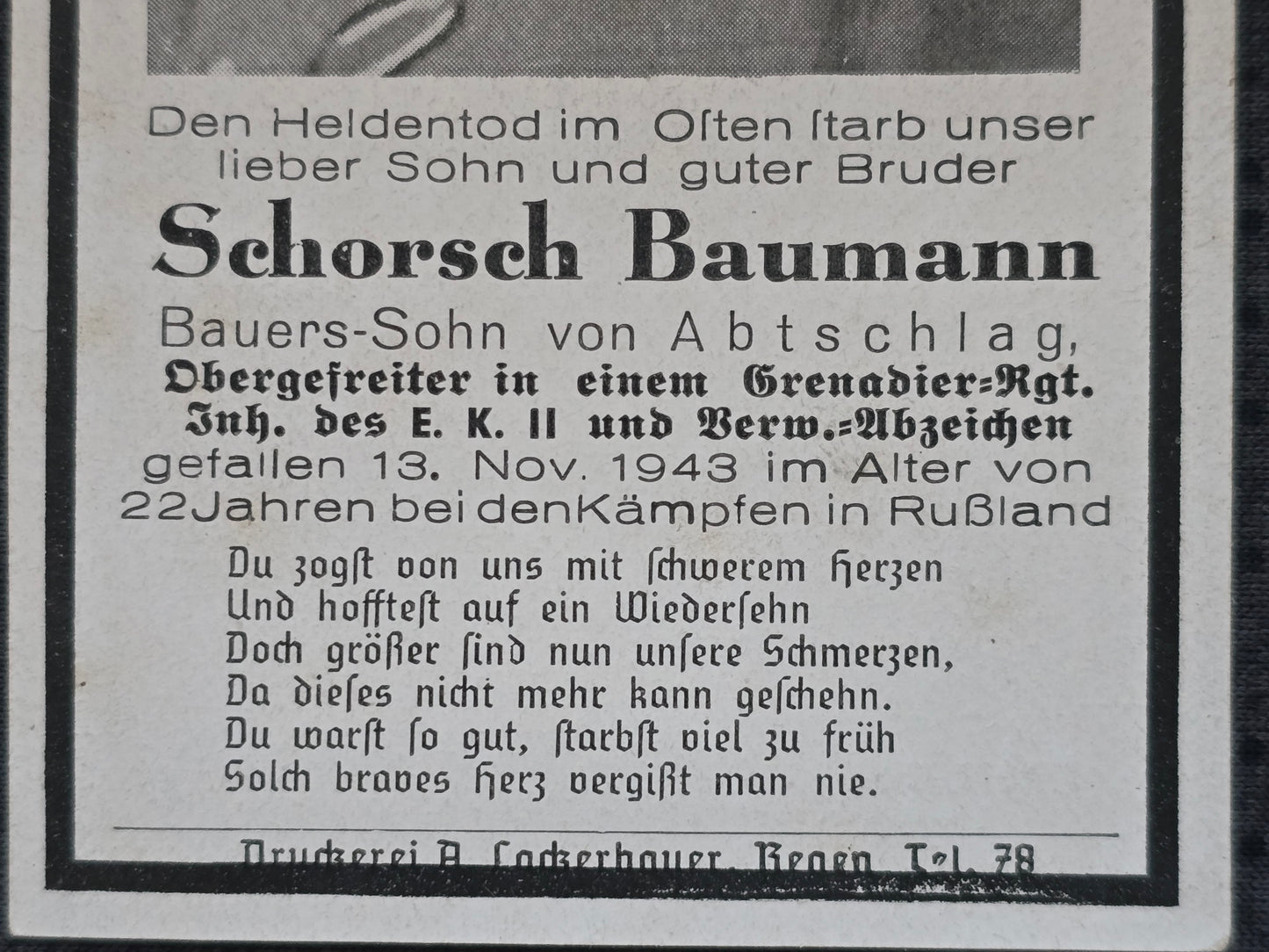 Sterbebild Obergefreiter Abtschlag 5. Komp. Inf. Regt. 519 Chlobin Weissrussland