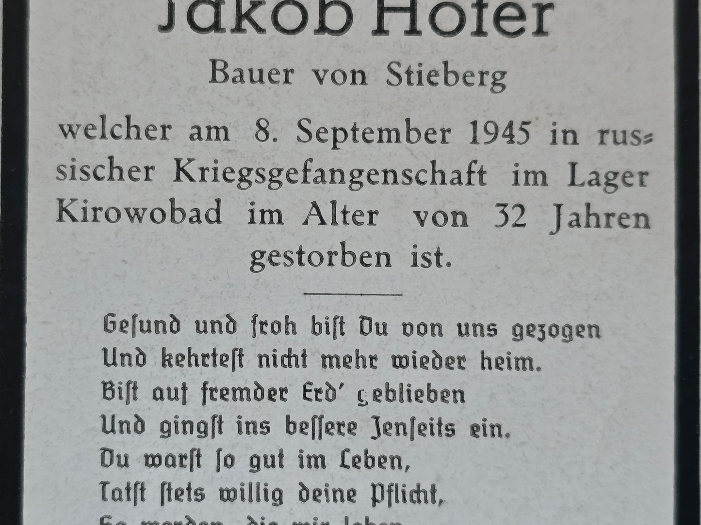 Sterbebild Gefreiter Stieberg Endkampf KGL Russland