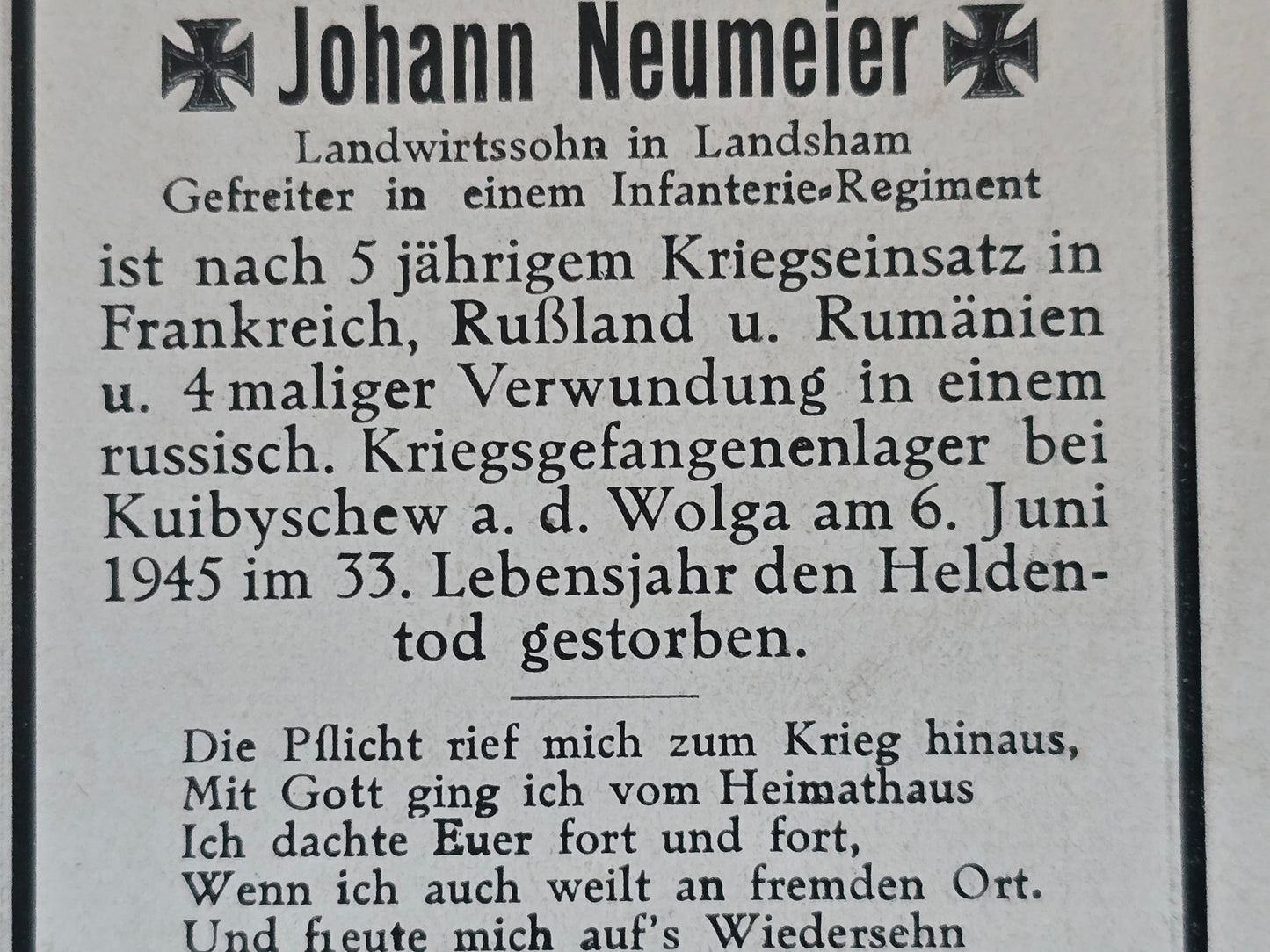 Sterbebild Gefreiter Landsham Infanterie Regt. KGL Kuibyschew Russland