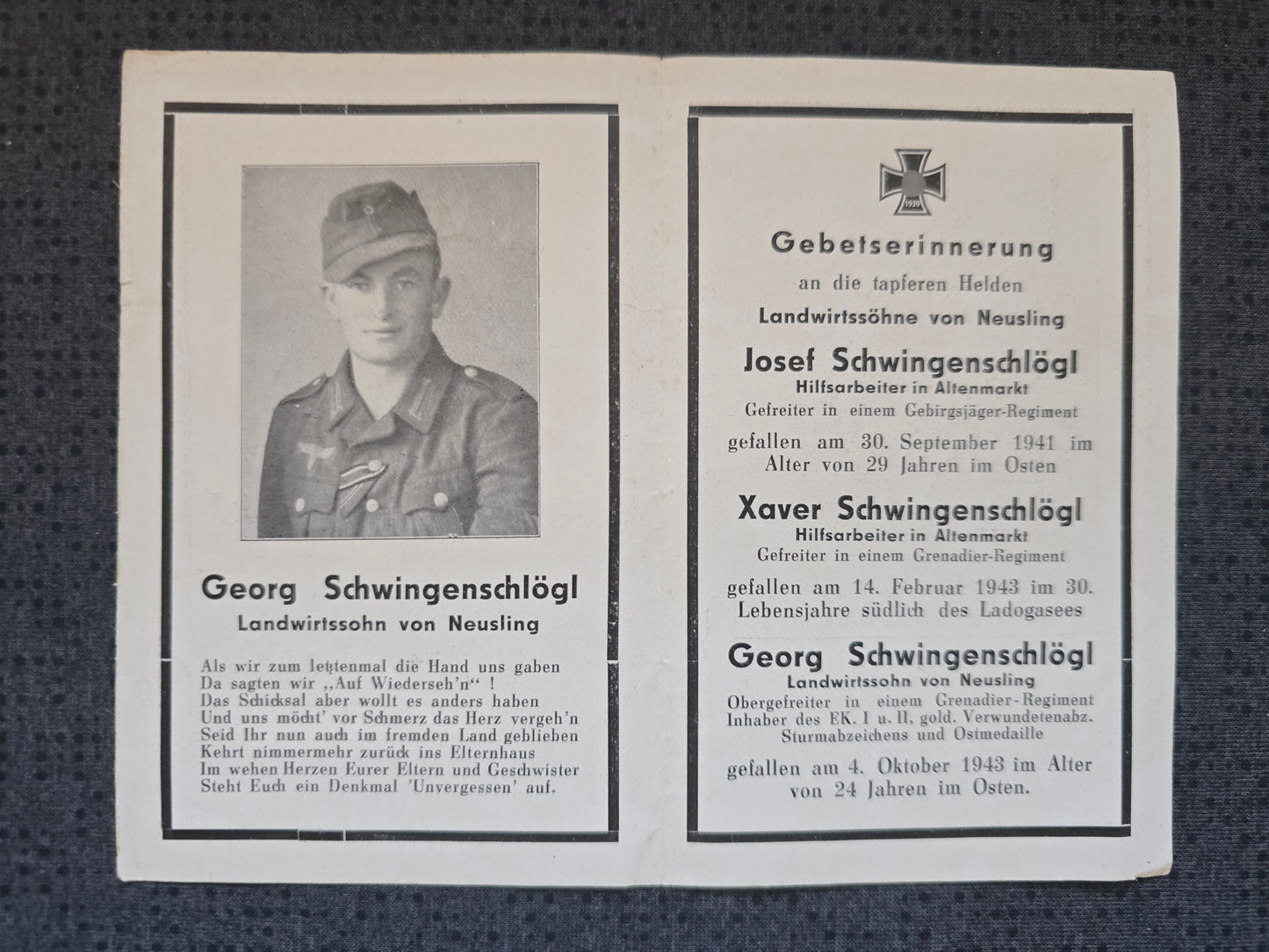 Sterbebild 3 Brüder Altenmarkt Gebirgsjäger Grenadiere Ladogasee EKI&II Russland