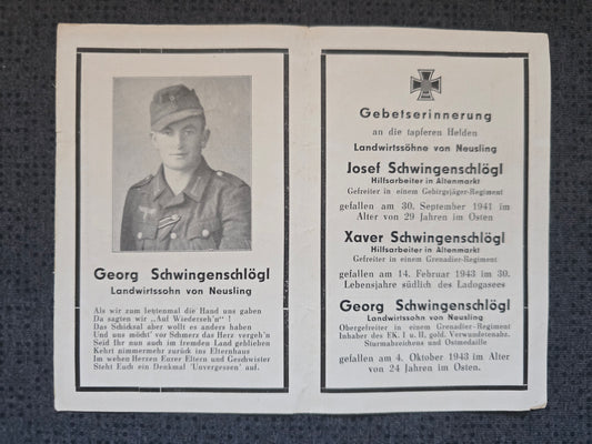 Sterbebild 3 Brüder Altenmarkt Gebirgsjäger Grenadiere Ladogasee EKI&II Russland