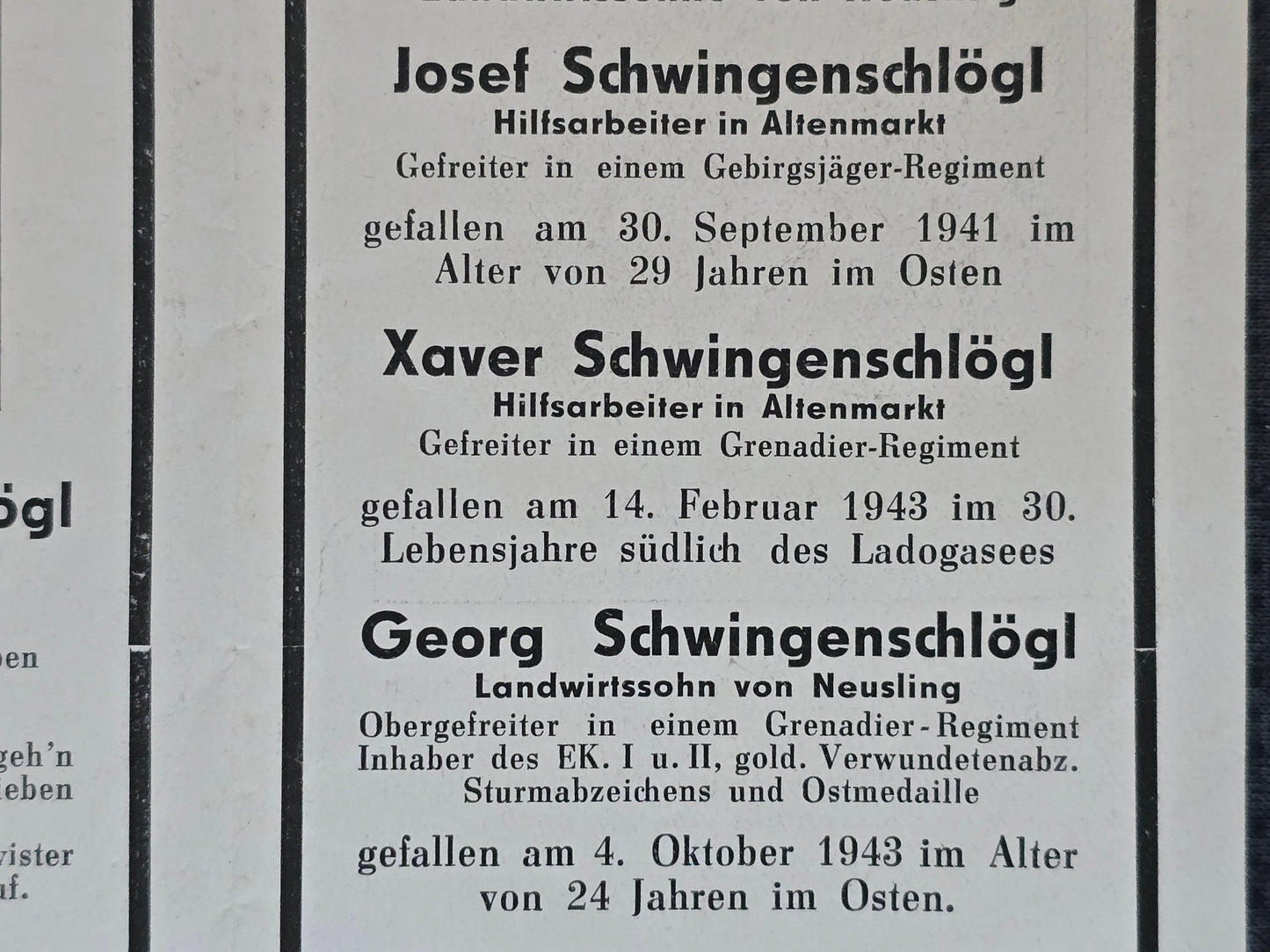 Sterbebild 3 Brüder Altenmarkt Gebirgsjäger Grenadiere Ladogasee EKI&II Russland