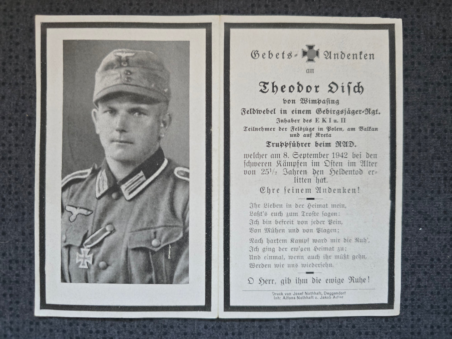 Sterbebild Feldwebel Wimpassing 3. Komp. Geb.-Jäger Regt. 85 RAD Sinjawino Russland