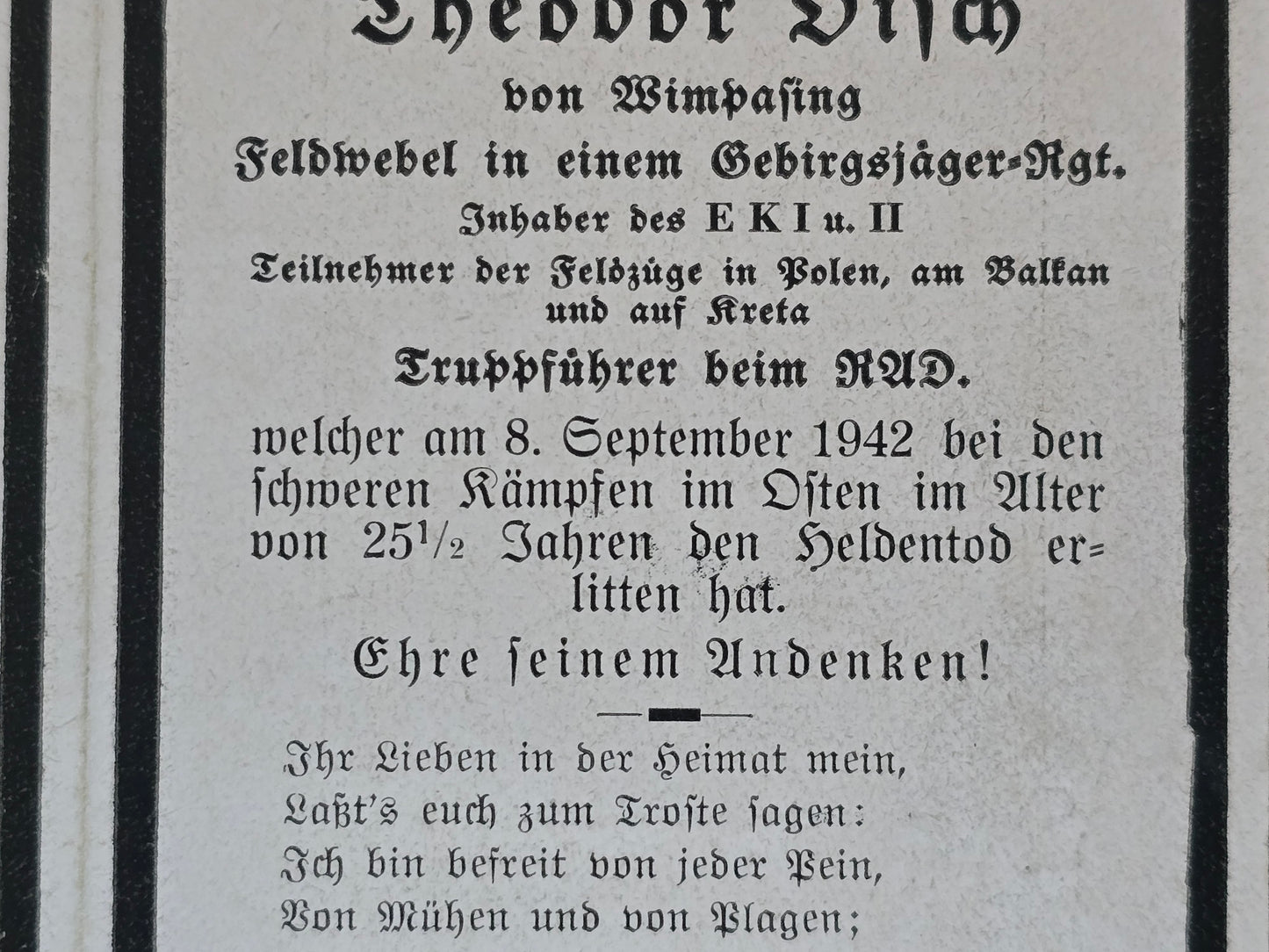 Sterbebild Feldwebel Wimpassing 3. Komp. Geb.-Jäger Regt. 85 RAD Sinjawino Russland