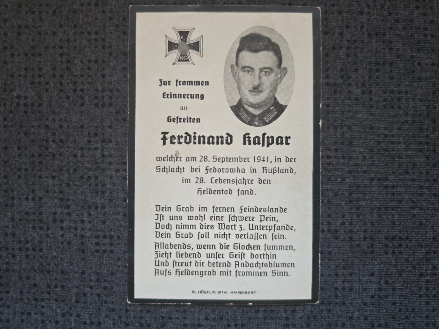 Sterbebild Gefreiter Haugsdorf 13. Komp. Inf. Regt. 522 Tschutowo Russland