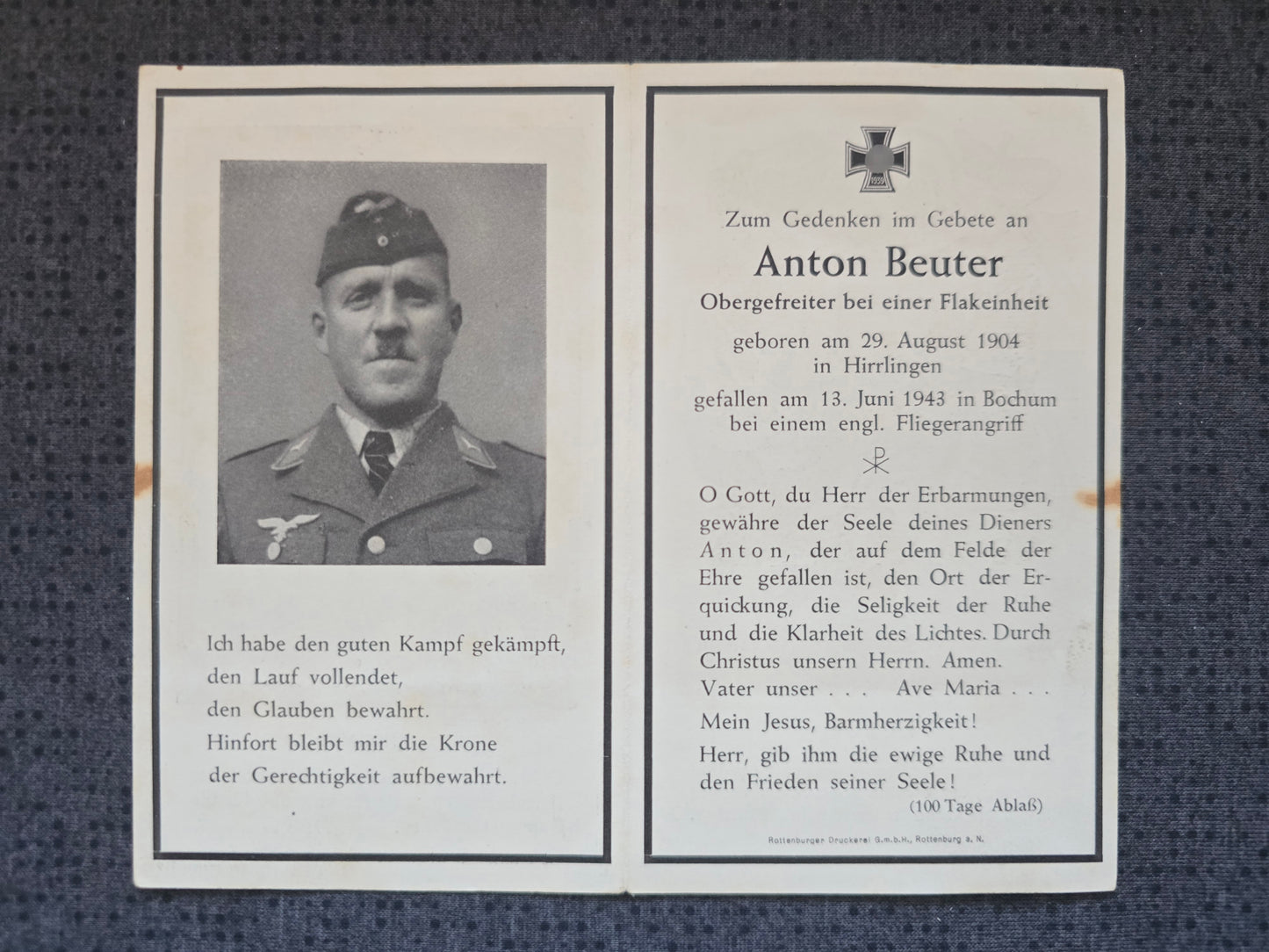 Sterbebild Obergefreiter Hirrlingen schwere Flak Batterie 12 Engl. Fliegerangriff Bochum