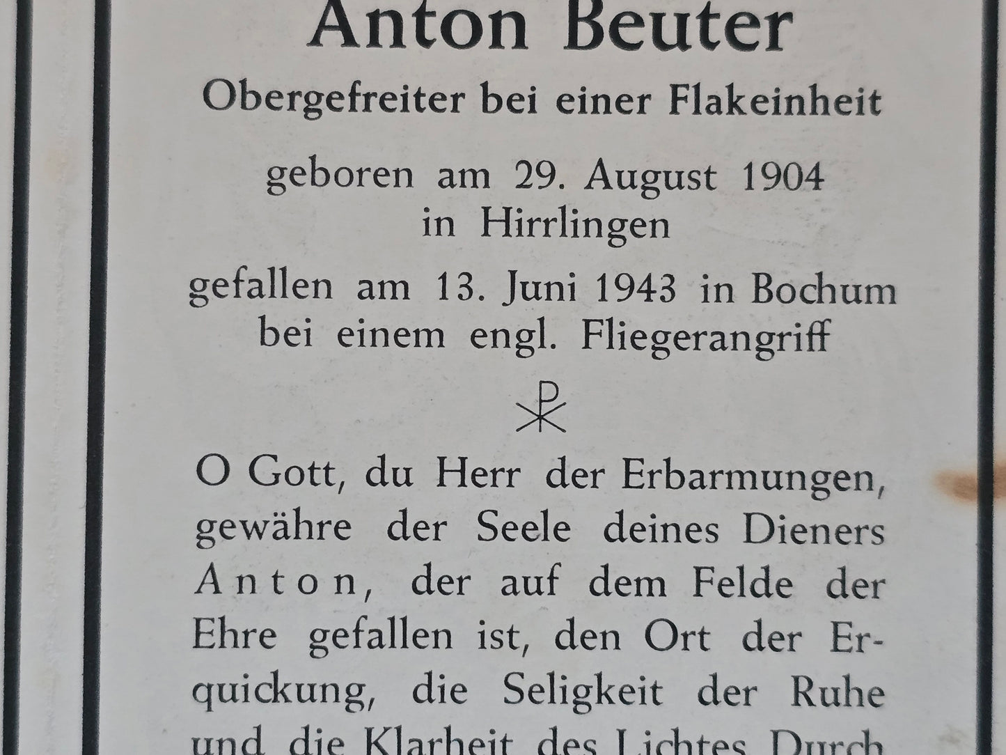 Sterbebild Obergefreiter Hirrlingen schwere Flak Batterie 12 Engl. Fliegerangriff Bochum