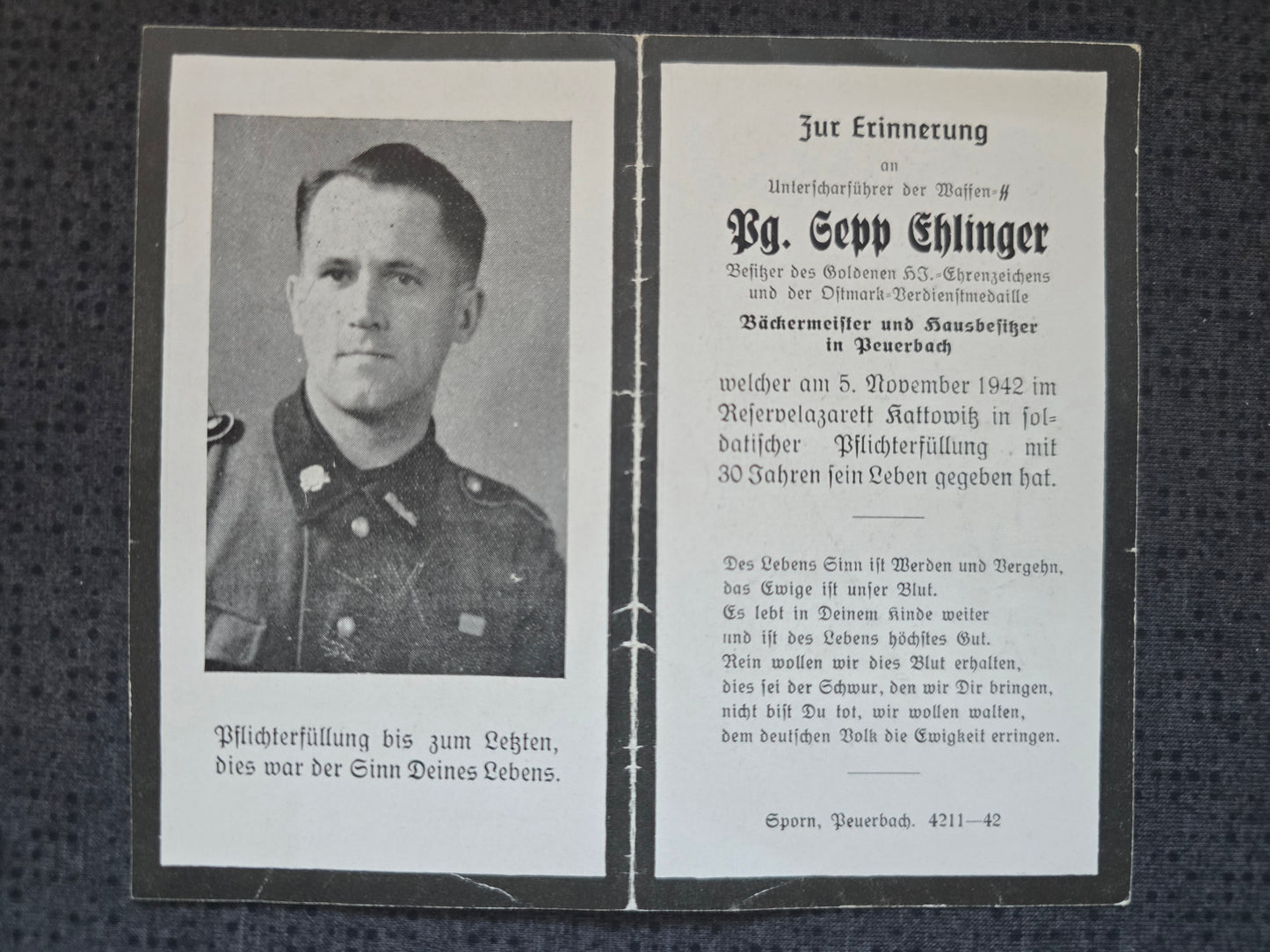 Sterbebild SS-Unterscharführer Peuerbach SS-Totenkopf Sturmbann KL Auschwitz Kattowitz Polen