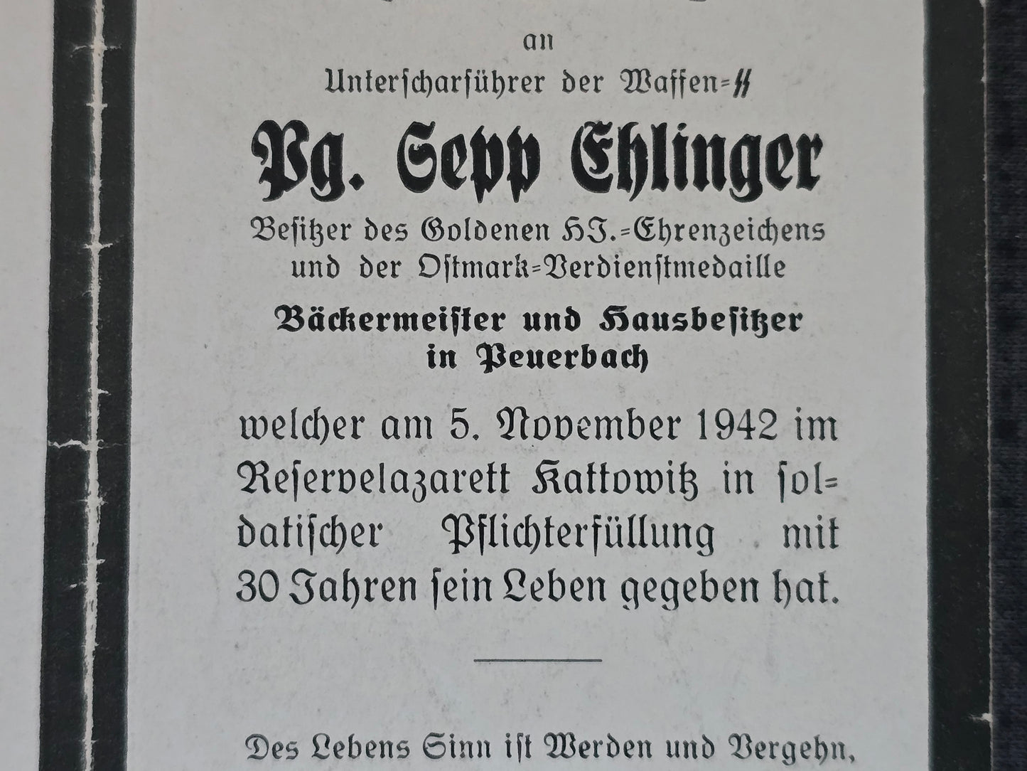 Sterbebild SS-Unterscharführer Peuerbach SS-Totenkopf Sturmbann KL Auschwitz Kattowitz Polen