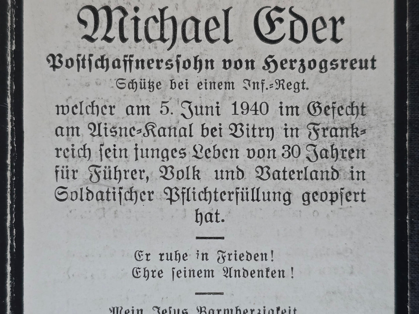 Sterbebild Schütze Herzogsreuth 10. Komp. Inf. Regt. 290 Asine-Kanal Bitry Frankreich