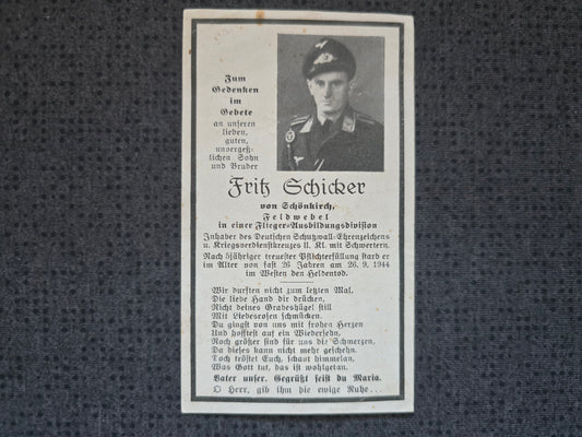 Sterbebild Feldwebel Schönkirch Flieger-Ausbildungsdivision Dt. Schutzwall Ehrenabz. Andilly Frankreich