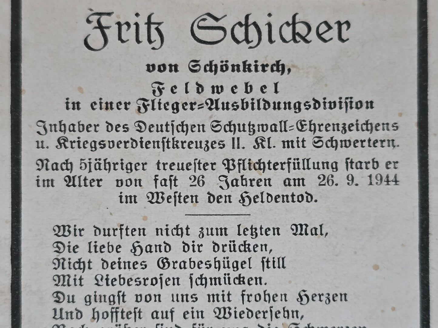 Sterbebild Feldwebel Schönkirch Flieger-Ausbildungsdivision Dt. Schutzwall Ehrenabz. Andilly Frankreich