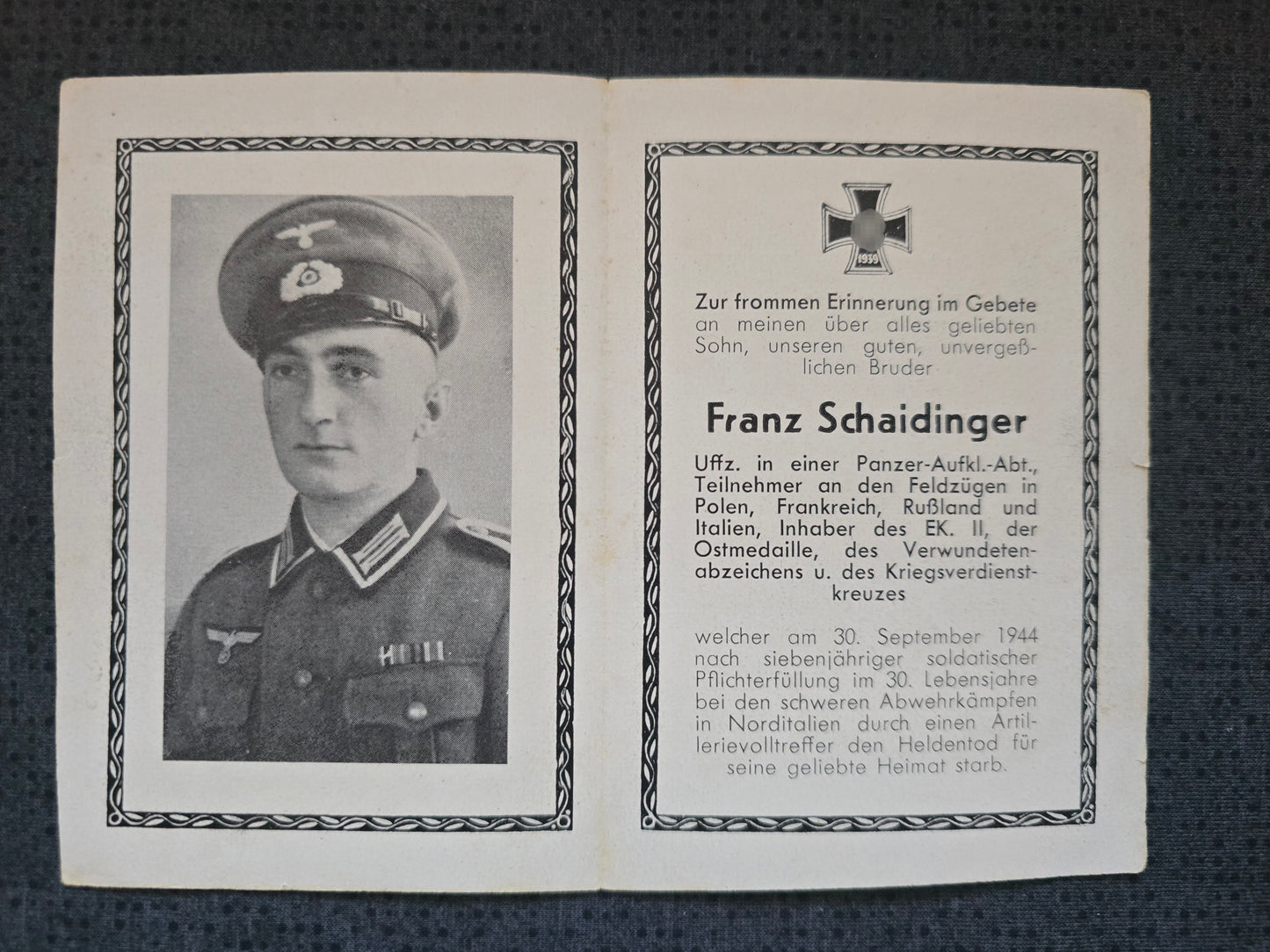 Sterbebild Unteroffizier Panzer-Aufklärungs-Abt. Artillerievolltreffer Futa-Pass Italien