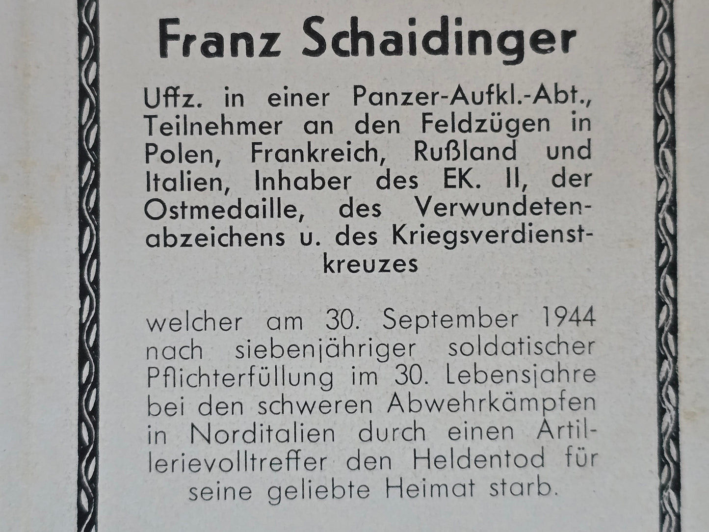 Sterbebild Unteroffizier Panzer-Aufklärungs-Abt. Artillerievolltreffer Futa-Pass Italien