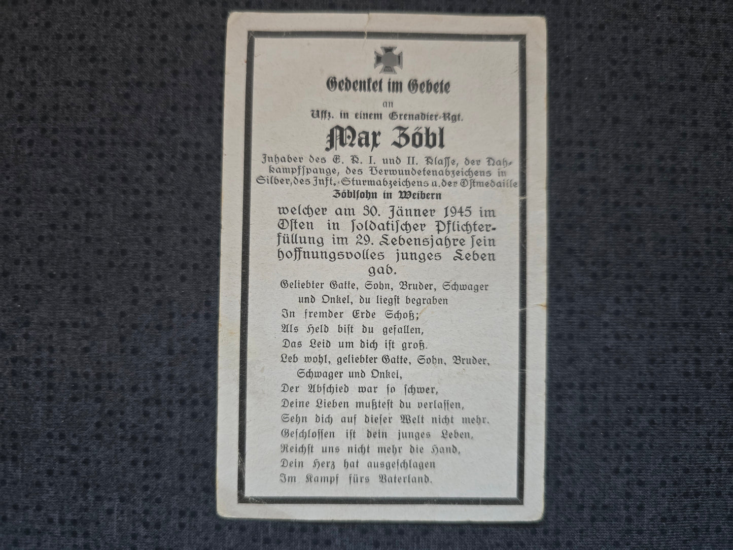 Sterbebild Unteroffizier Weibern Gren. Regt. Endkampf EK I&II NKS Wasserborn Radwanitz Polen