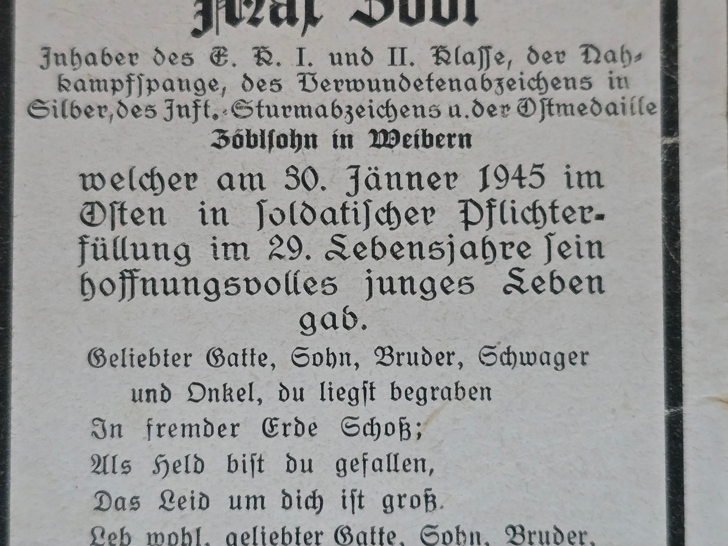 Sterbebild Unteroffizier Weibern Gren. Regt. Endkampf EK I&II NKS Wasserborn Radwanitz Polen