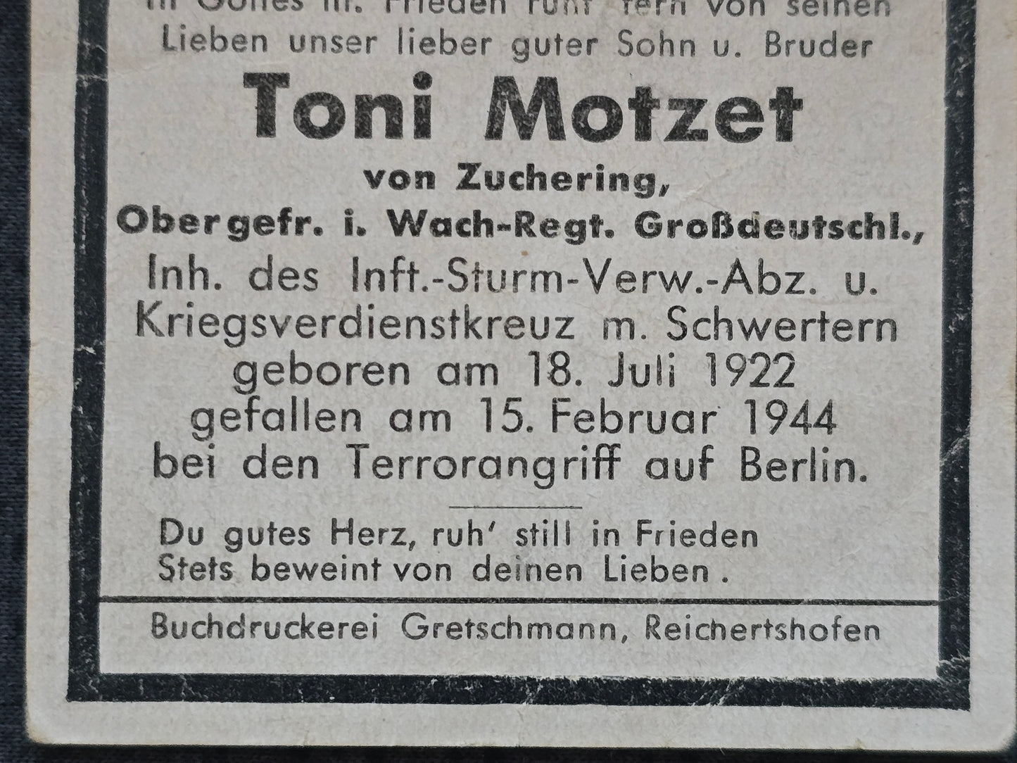 Sterbebild Obergefreiter Zuchering 4. Wach-Regiment "Großdeutschland" GD Terrorangriff Berlin