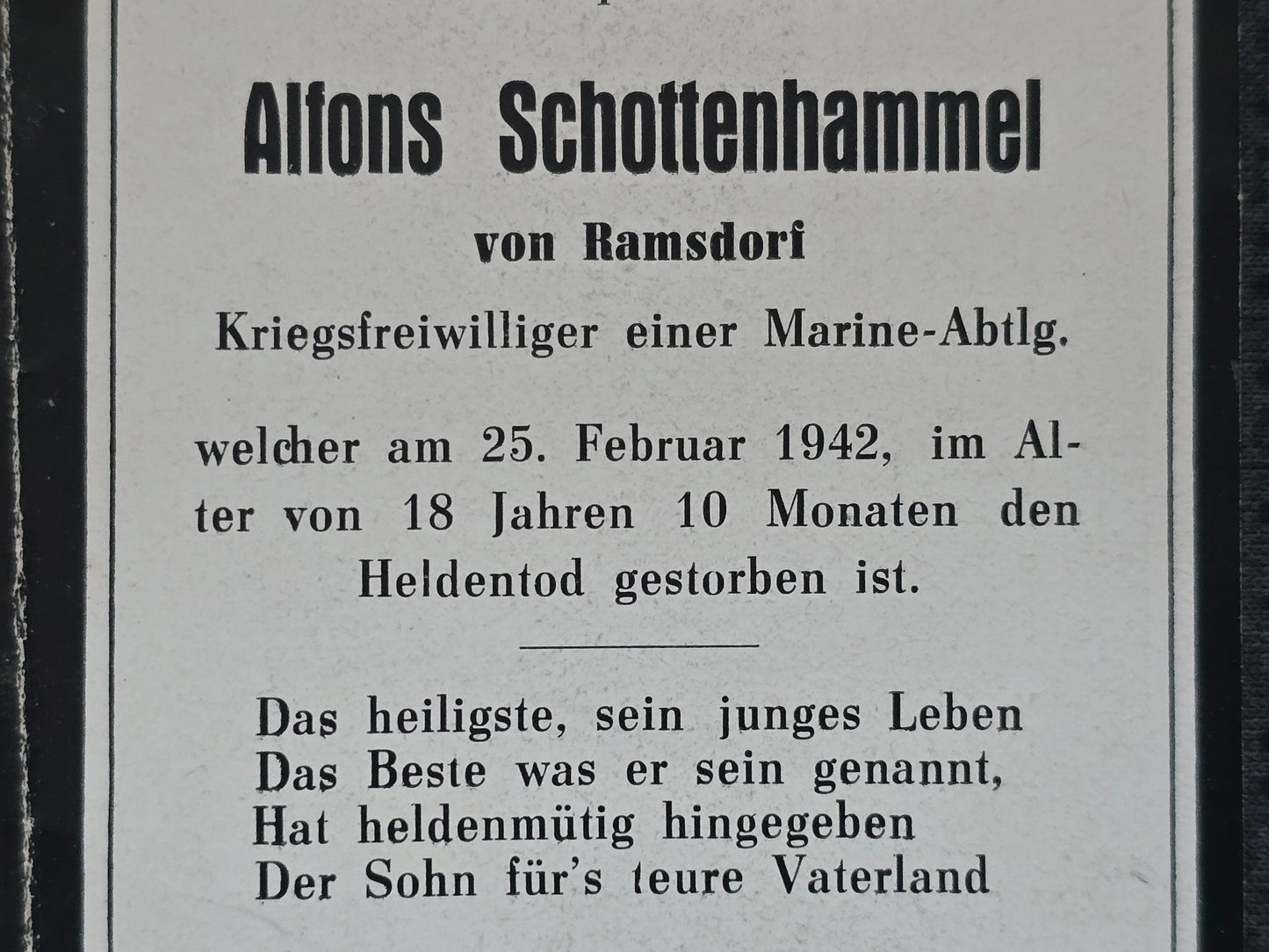 Sterbebild Matrose Ramsdorf Kriegsfreiwilliger Kriegsmarinewerft Kiel