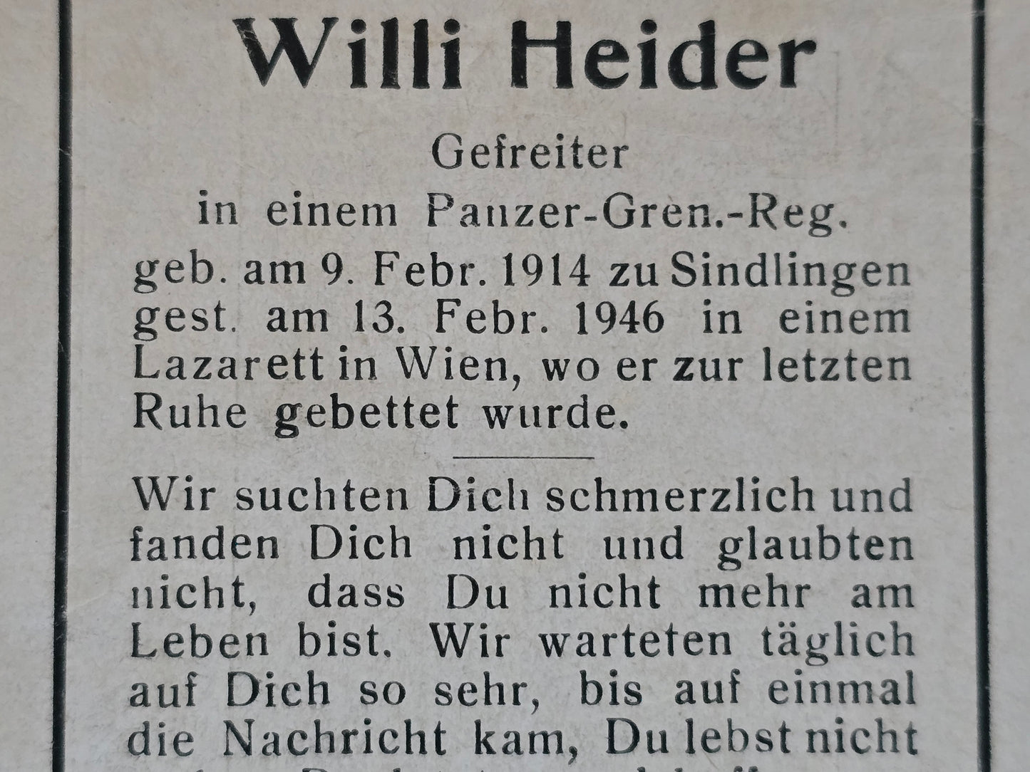 Sterbebild Gefreiter Frankfurt/Main Panzer Gren.-Regt. Lazarett "Am Steinhof" Wien Österreich