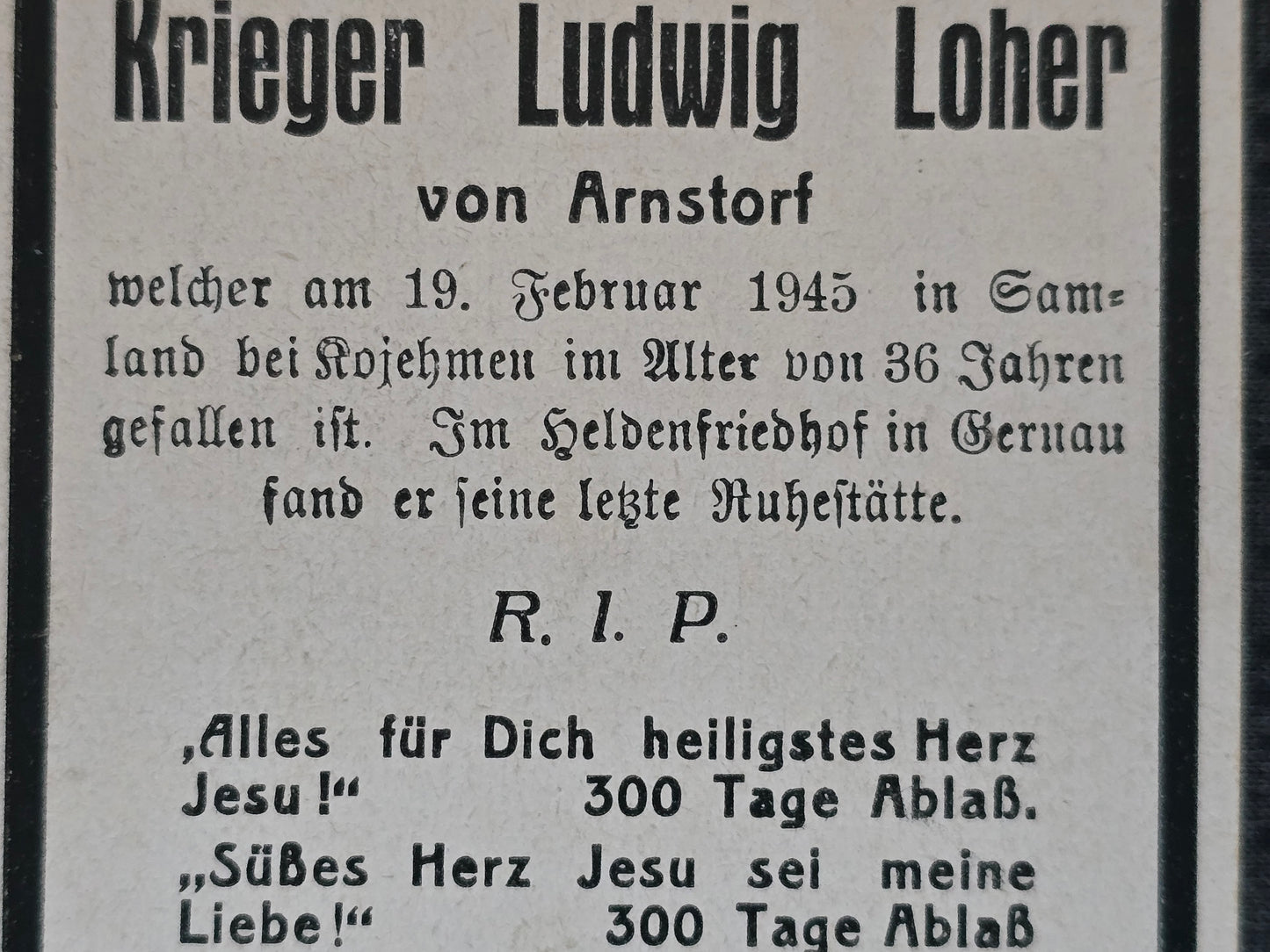 Sterbebild Gefreiter Arnstorf Endkampf Samland Kojehnen Kaliningrad Russland