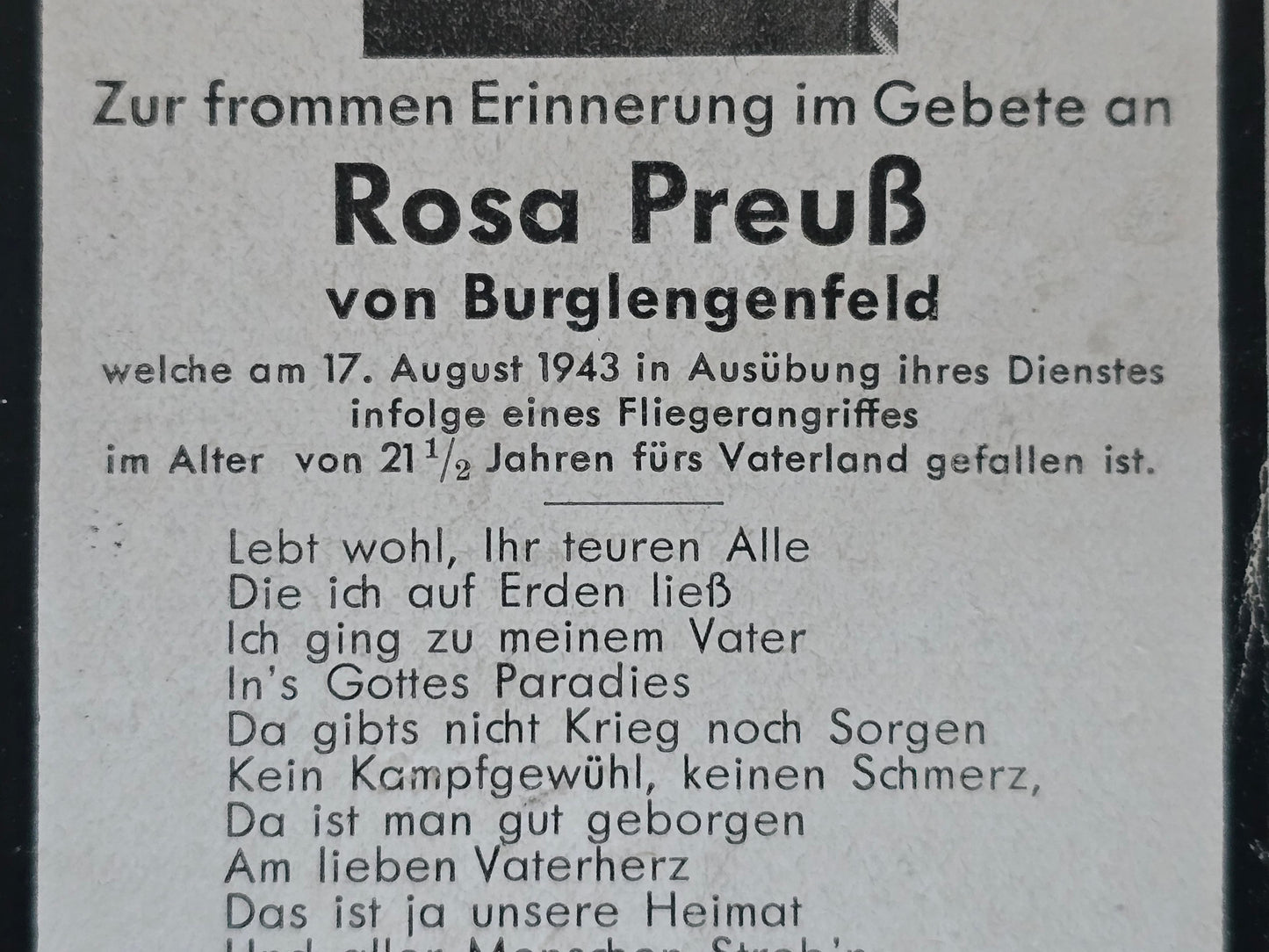 Sterbebild Nachrichtenhelferin Burglengenfeld Fliegerangriff