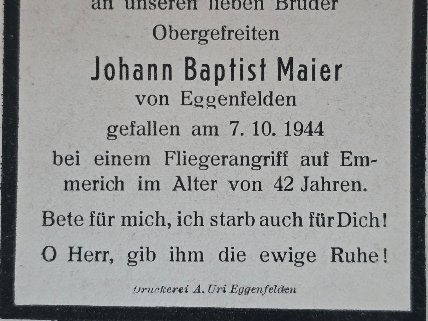 Sterbebild Obergefreiter Eggenfelden Fliegerangriff Emmerich
