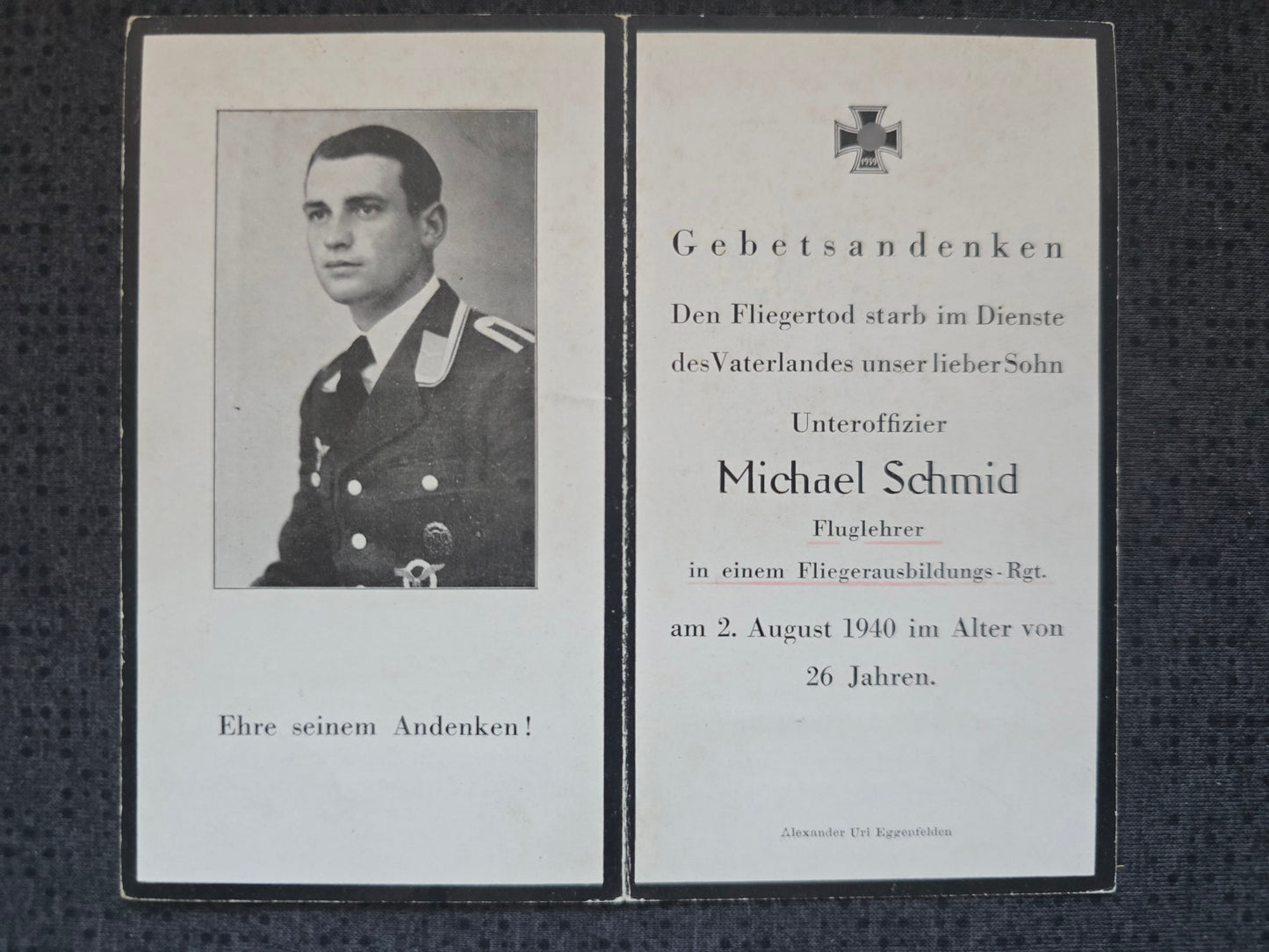 Sterbebild Unteroffizier Kirchberg 8. Komp. Flieger-Ausb. Regt. 52 Gernrode / Harz